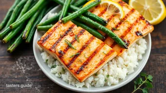 Grilled Salmon with Rice & Green Beans Recipe recipe card