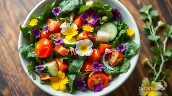 Mixing Fresh Greens for Joyful Floral Salad recipe card