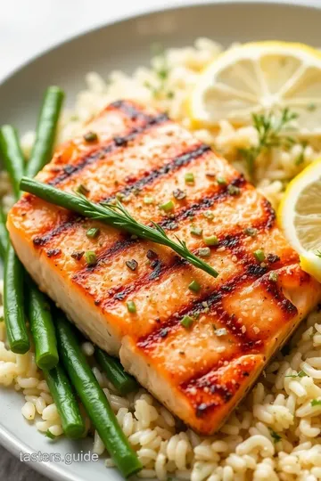 Grilled Salmon with Rice and Green Beans presentation