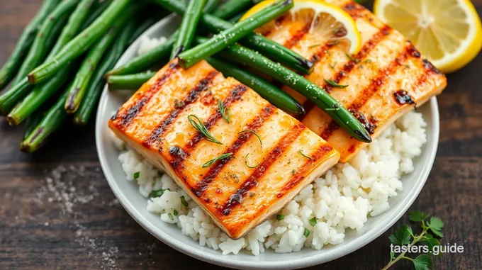 Grilled Salmon with Rice and Green Beans